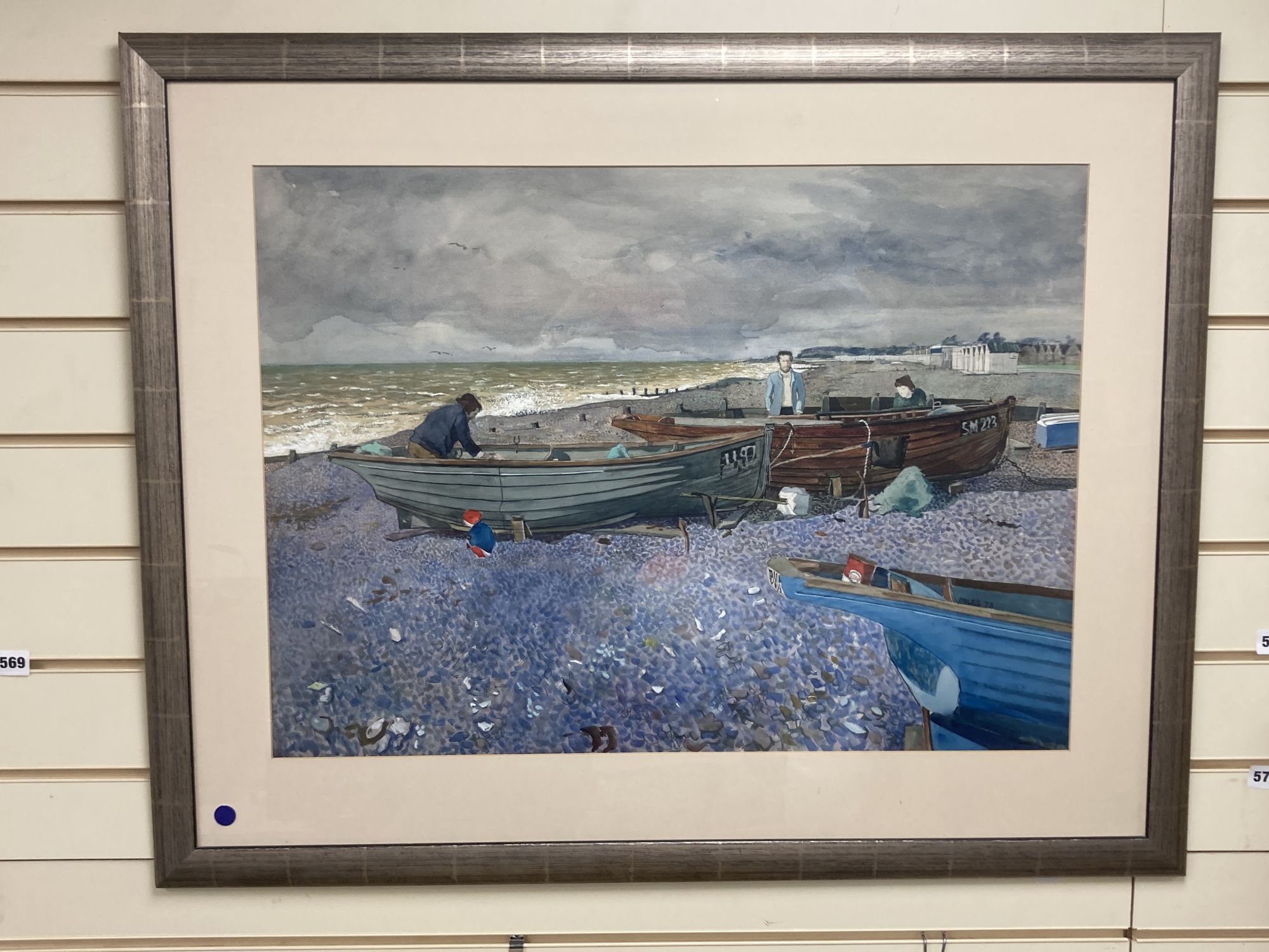 Miles 73, watercolour, Fishermen and boats on the shore, signed and dated, 51 x 70cm